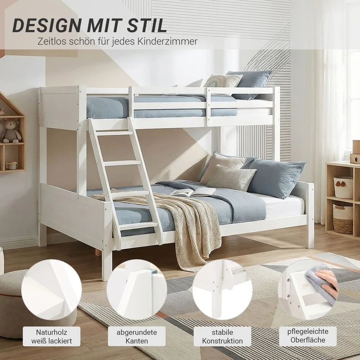 Etagenbett 90x200 und 140x200 mit Matratzen Kinder Jugendbett Hochbett Weiß Holz inklusive Matratzen – Bild 4