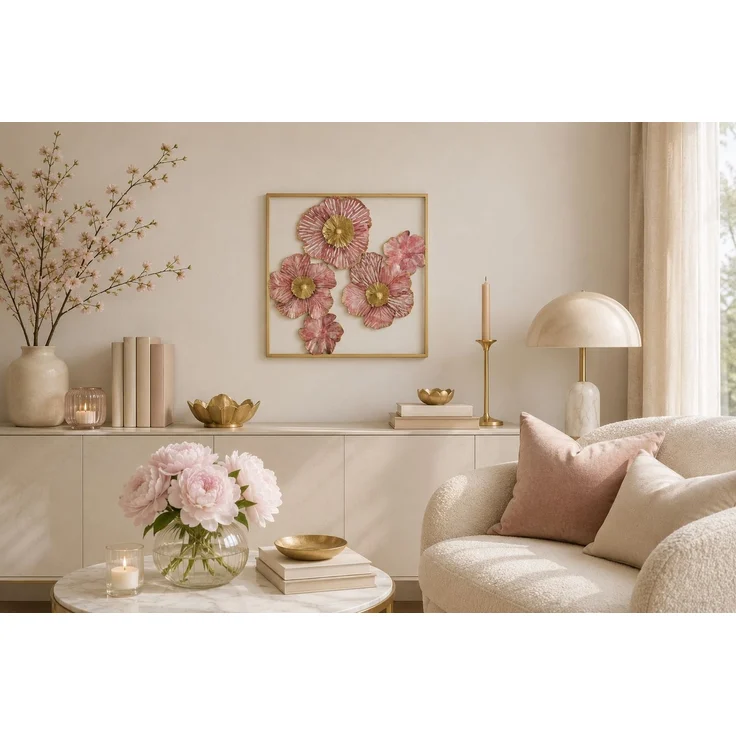 Metall Wanddeko Blumen 50x50 cm Goldrahmen Flamingo Rosa Wandbild – Bild 4