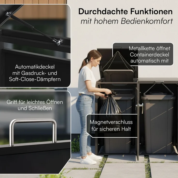 STEELSØN 'Diorus' Mülltonnenbox 4er je 240 Liter, graphitschwarz, Mülltonnenverkleidung aus Stahl mit Sichtstreifen, wetterfest, 116x80x268 cm, abschließbare Müllbox für 4 Tonnen – Bild 7