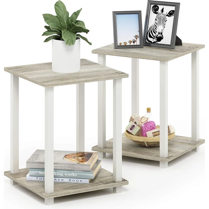 Furinno Simplistic Sofatisch, Couchtisch, Beistelltisch, mit 2 Ebenen, 2-er Set, Sonoma Eiche / Weiß, 39. 6x39. 6x49. 8 cm