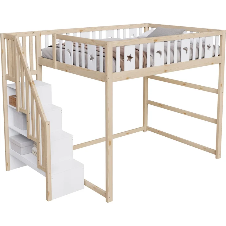 Merax Hochbett, Etagenbett für Kinder 140x200 mit Treppe, Kinderbett Aus Massivholz mit Sicherheitsgeländer, Weiß+Natur – Bild 10