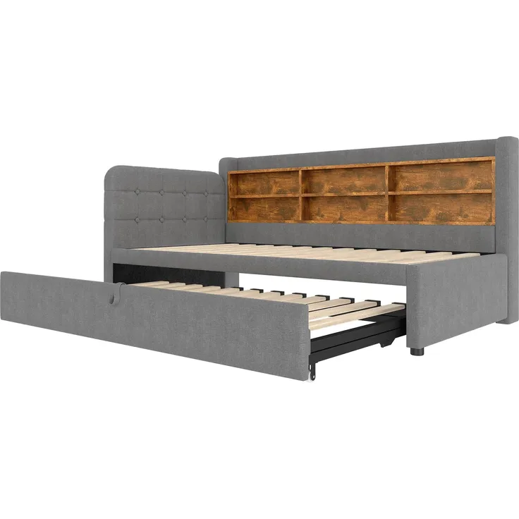 Stauraumbett mit Lattenrost, Regal, USB und Type-C Anschluss, 90x200cm/180x200cm, Liegefläche erweiterbar, Einzelbett, Polsterbett, Leinen – Bild 7