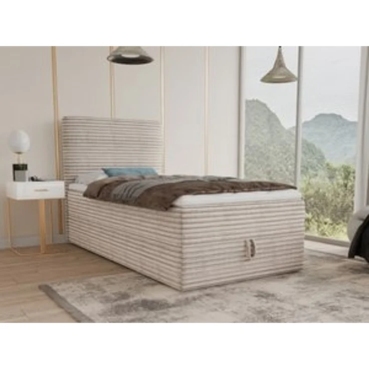 Boxspringbett Mollo Mini mit Bettkasten und Matratzentopper - Einzelbett mit Bonell-Matratze und Topper, Polsterbett in weichem Cordstoff, Bett, Schlafzimmer (Beige (Tilia 03), 100 x 200 cm) – Bild 6