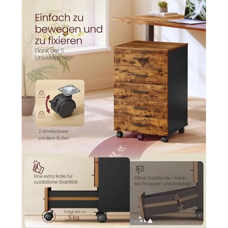 VASAGLE Rollcontainer, mobiler Aktenschrank, Schubladenschrank, Druckerständer mit 5 Schubladen, mit schraubenlosen Gleitschienen, für Büro, Homeoffice, vintagebraun OFC081KD02 – Bild 6
