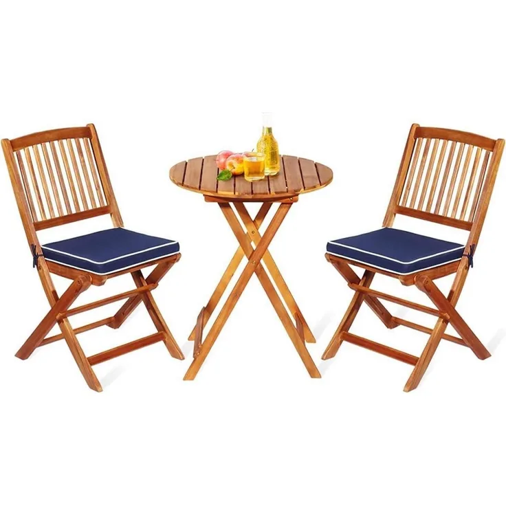 3tlg. Gartenmöbel Set Akazienholz klappbar mit Kissen Blau