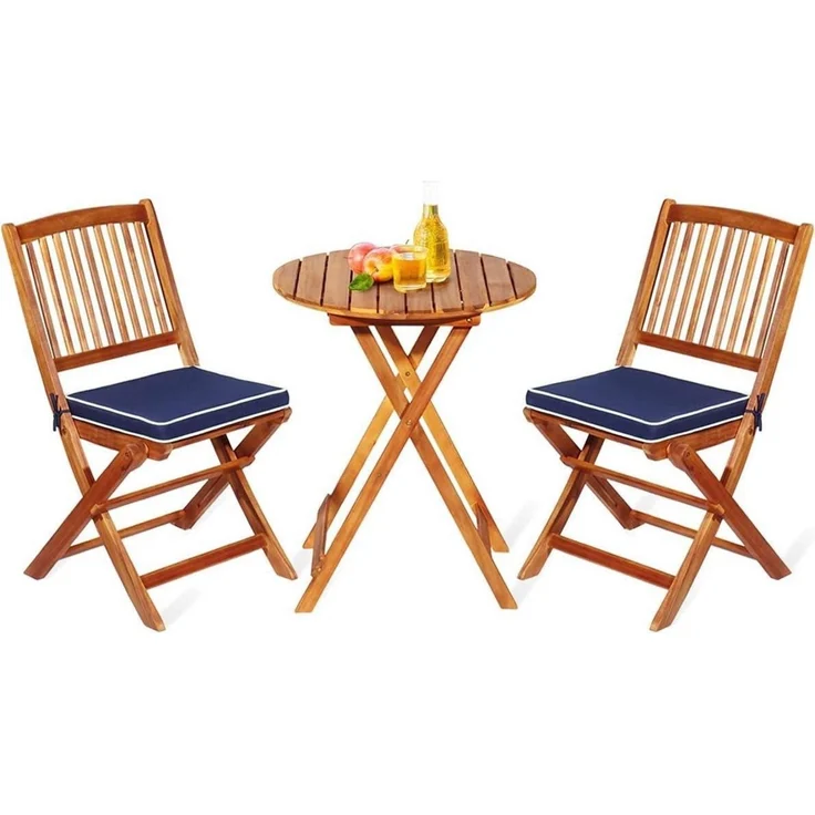 3tlg. Gartenmöbel Set Akazienholz klappbar mit Kissen Blau – Bild 1