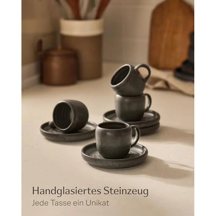 Cosumy Espressotasse 4er Espressotassen Set mit Untertassen Weiß – 90 ml Keramik Espresso, 4-tlg, Steingut, Handglasiert, Spülmaschinenfest & Mikrowellengeeignet, 4er Set – Bild 2