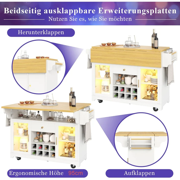 Servierwagen B 120 x T 40/80 x H 95 cm aus MDF und Metall, beidseitig ausklappbar mit RGB-LED – Bild 8