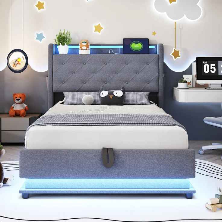 Merax Kinderbett Polsterbett 90*200cm, Mit farbwechselnden Lichtern und USB-Steckdose, Kopfteil aufklappbar, Mit Hydraulischem Stauraum, Mit Handytasche, Multifunktionales Einzelbett, Leinenstoff Grau – Bild 3