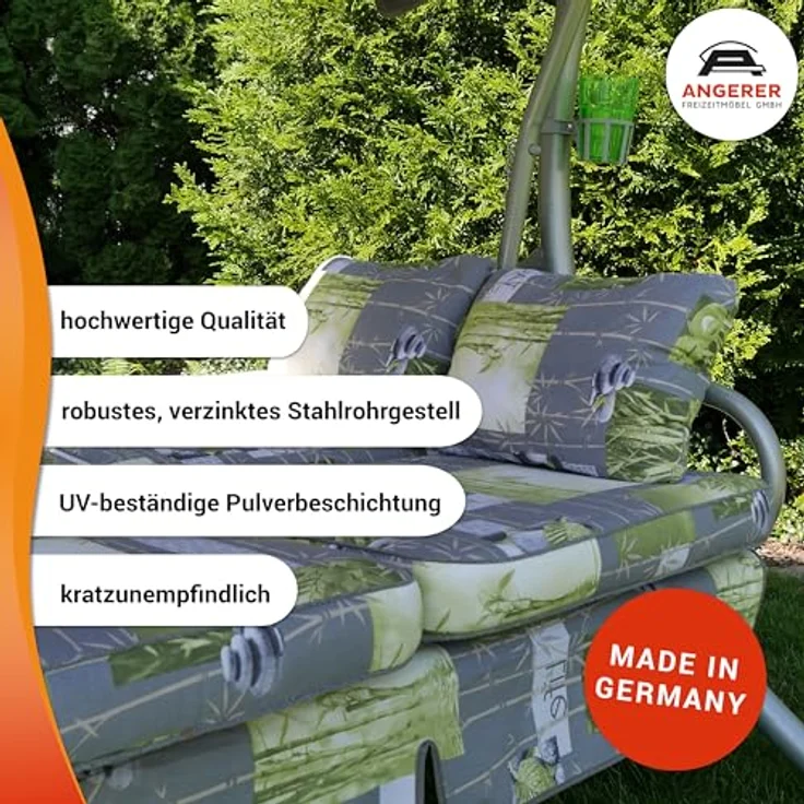 Angerer Freizeitmöbel GmbH Hollywoodschaukel Comfort - Gartenschaukel Made in Germany - Schaukel zum Sitzen, Liegen und Entspannen - inklusive Bett-Funktion - einfache Montage (Grün-Orange geblümt) – Bild 7