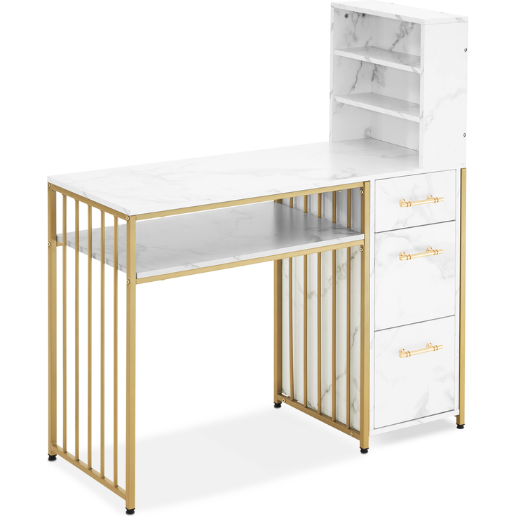 M MCombo Schreibtisch mit 3 Schubladen, Nageltisch aus Holz Metallgestell, Manikürtisch Marmor-Weiß Gold, Schminktisch ohne Spiegel Modern, Computertisch mit Regal Wohnzimmer, 43x108x125cm, 2420