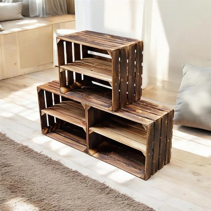 Holzkiste Regal mit Ablage Lang 50 x 40 x 30cm Geflammt – Bild 3