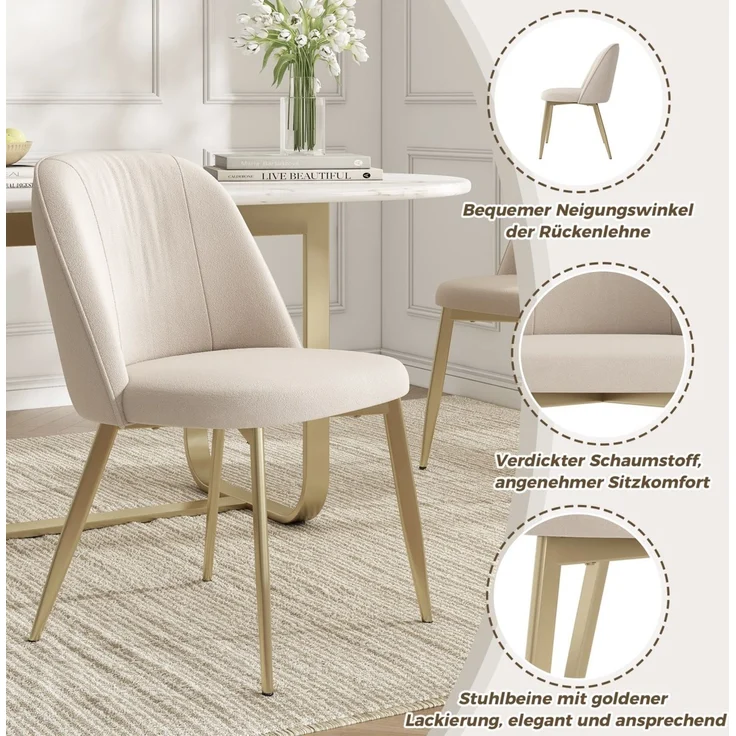 Merax Esszimmerstuhl Gestell aus goldfarbenen Metall, Bezug aus Samtstoff(Set, 2 St), 2er Set Polsterstühle Küchenstuhl Wohnzimmerstuhl Beige – Bild 6