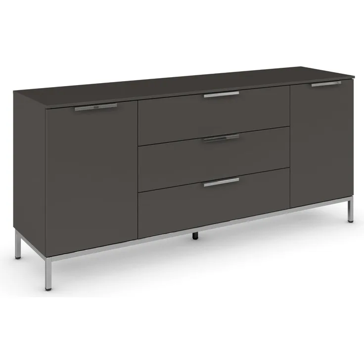 Rauch Möbel Flipp, Nachttisch für Schlafzimmer, Flur, Garderobe, 2-türig, 3 Schubladen, mit Softclose-Funktion, Griffe und Metallkufe Chrom, Farbe Graphit, Schwarz, Breite 160 cm