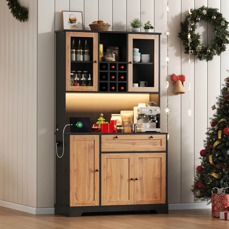 Küchenschrank, Hochschrank, Aufbewahrungsschrank, Vitrinenschrank mit Tür, integriertem Gewürzregal, verstellbaren Einlegeböden,mit farbwechselnder LED-Beleuchtung und Steckdose, 180 × 105 × 40 cm--Schwarz + Natur--105x40x180cm--YOUDENOVA – Bild 10