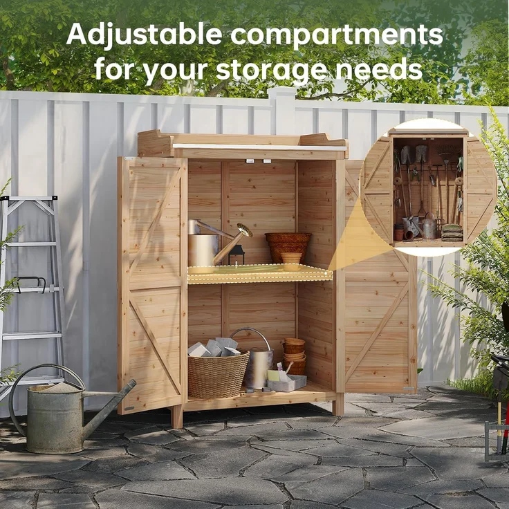 Aoxun Gartenschrank Holz, Pflanztisch mit Geräteschrank Schrank, Doppeltür, Seitenhaken und verstellbarem Regal, Gerätehaus, Gartenschuppen für Garten Terrasse, 64 x 40 x 95cm, Burlywood – Bild 7