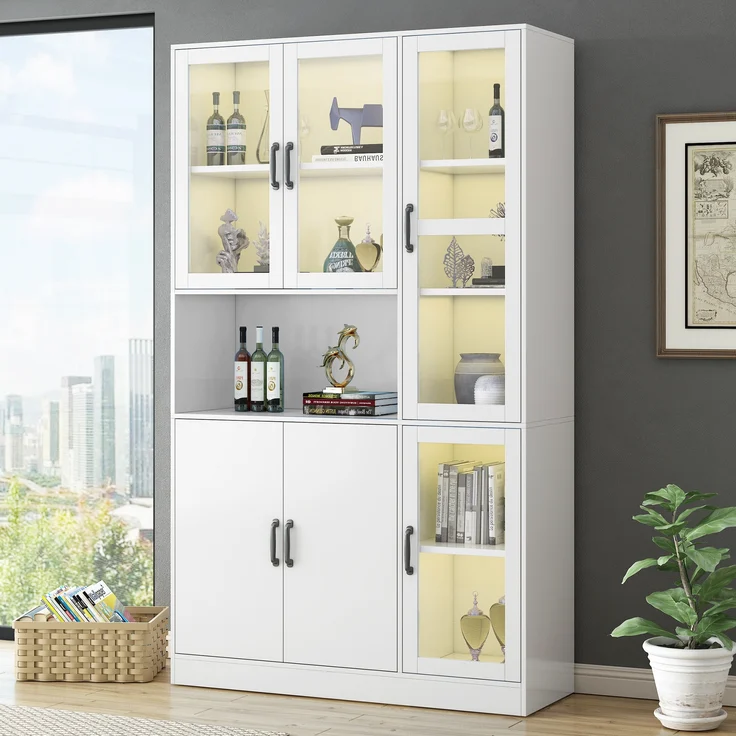 Bücherregal-Vitrine, mit LED-Licht, 4 Acryl- & 2 Holztüren, 9 Fächer, 120x40x200 cm, Weiß – Bild 2