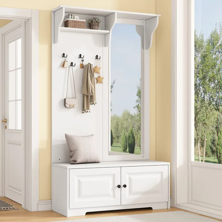 Flieks Garderobe 100 x 40 x 180 cm mit Spiegel, Schuhbank, 5 Haken, 2 Schränken und Regalfächern, Weiß