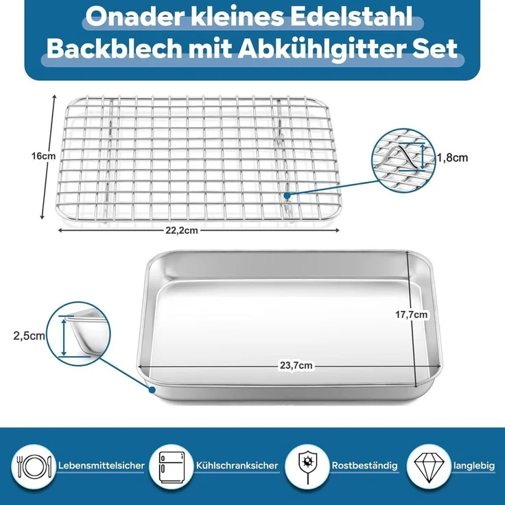 Onader Edelstahl Mini Backblech mit Abkühlgitter Set 23,7x17,7x2,5cm – Bild 2