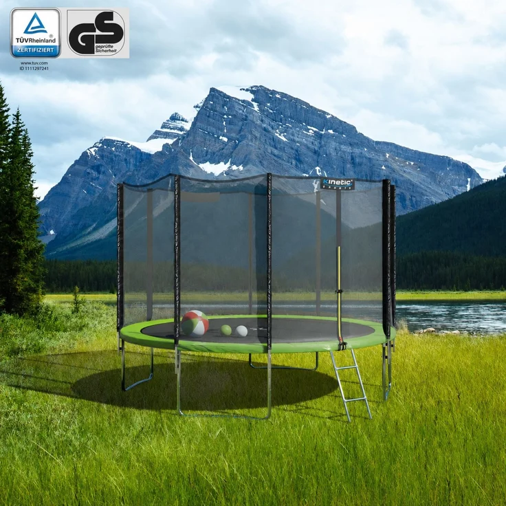 KINETIC SPORTS Trampolin Outdoor 'Salto Plus' - Komplett-Set für Kinder, USA Sprungtuch, Netz, Randpolster, Leiter, Grün-2, Ø 244 cm – Bild 2