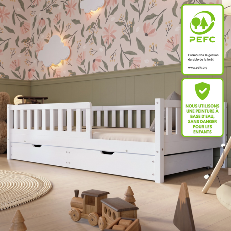Crazy Pine 'Crazy Basic' Kinderbett mit Rausfallschutz, Skandinavisches Design, Holz, Weiß, 100x190 cm, mit Schublade – Bild 3