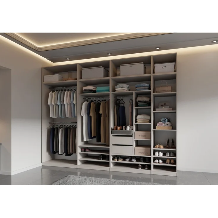 Marmex Möbel Tres Set-B/N großer Schrank ohne Türen, Kleiderschrank mit Regalen und Kleiderstangen, Einbauschrank mit Aufsatz, laminierte Spanplatte, graubeige cashmere 320x246x51 cm – Bild 1