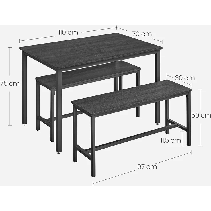 Vasagle Esstisch, Küchentisch-Set, 110 x 70 x 75 cm, mit 2 Bänken je 97 x 30 x 50 cm, Metallgestell, für Küche, Wohnzimmer, Esszimmer, Industrie-Design, von Songmics KDT070 – Bild 3