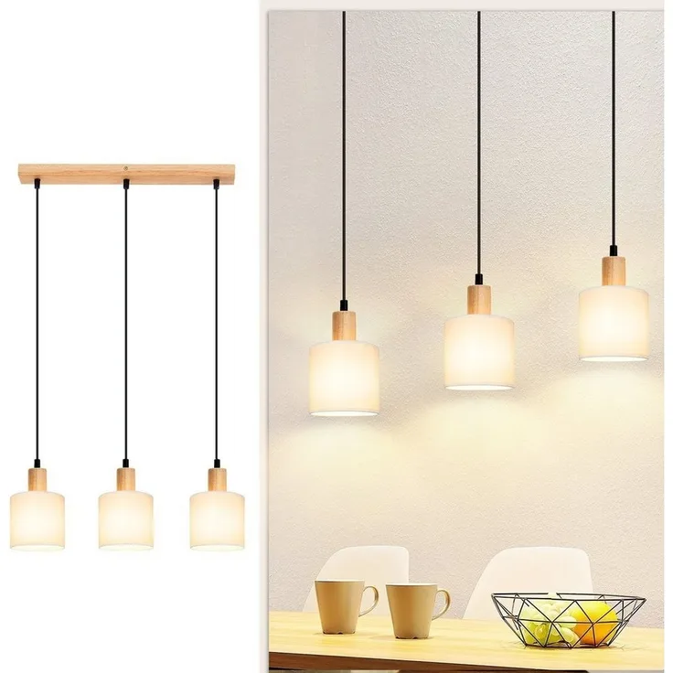 Nettlife Pendelleuchte Holz Esstisch 1/3 Flammig E14 Vintage Weiß Rustikal Küche Stoff, Höhenverstellbar, LED wechselbar, Hängeleuchte für Esszimmer Wohnzimmer Restaurant Schlafzimmer Flur