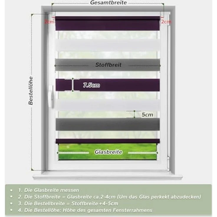 Deswell Doppelrollo Klemmfix ohne Bohren Weiß-Grau-Lila B90 x H120 cm (Stoffbreite 86cm) Rollos für Fenster ohne Bohren für Fenster mit Lichtdurchlässig & Verdunkelnd/Höhe Stufenlos Verstellbar – Bild 4