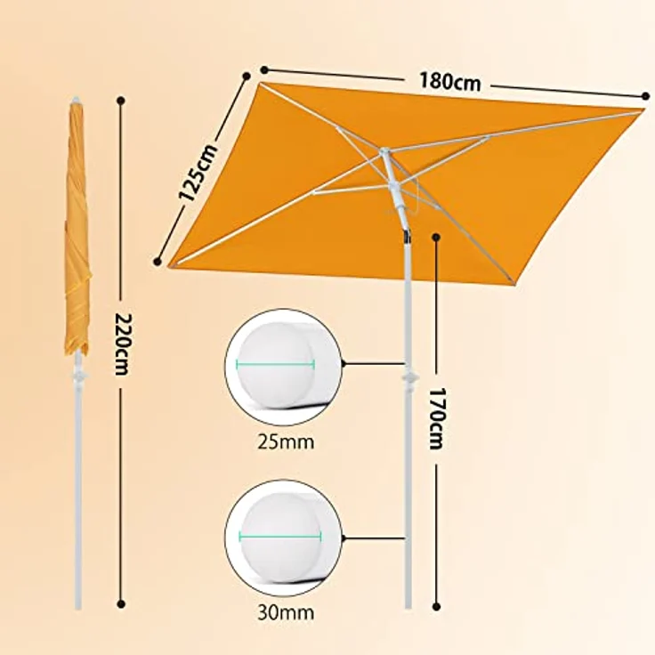 Sekey 180 × 125 cm Sonnenschirm mit Schutzhülle, Balkonschirm Gartenschirm Terrassenschirm, Sonnenschutz UPF50+, Kippbar, Höhenverstellbar, Rechteckig- Orange – Bild 3