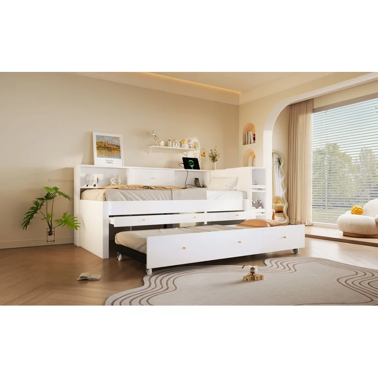 U-life Holzbett 140x200 cm, für Jugendliche, Stauraum, 1. Robuste Holzkonstruktion, 2.3 integrierte Stauraumschubladen, 3. Ausziehbares Gästebett, MDF, Weiß – Bild 6