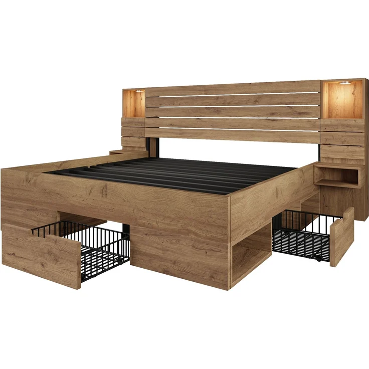Holzbett 180x200 cm, Doppelbett und Erwachsenenbett, mit LED-Downlights, USB & Type-C Ladestation und schwebenden Nachttischen, Eichenoptik – Bild 7