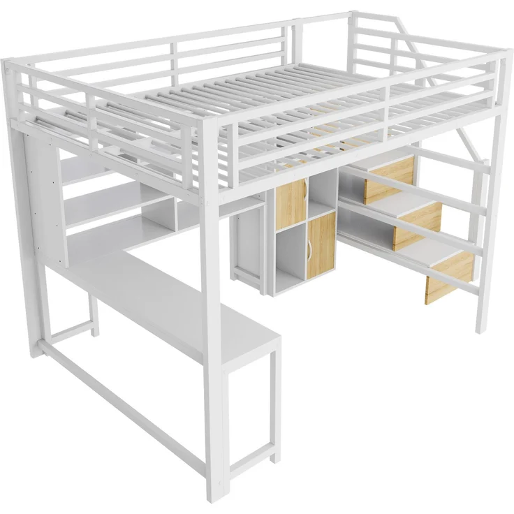 Hochbett, 140x200 cm, Metallbettgestell, Leiterschrank, Ablagefach, LED-Lichtleiste, Ohne Matratze, Weiß – Bild 9