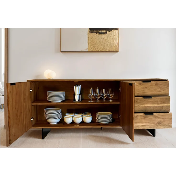 FineBuy Sideboard Akazie Massivholz 175 cm 2 Türen & 3 Schubladen - Massive Retro Kommode Steinoptik - Design Natur Anrichte - Handmade Industrial – Bild 2