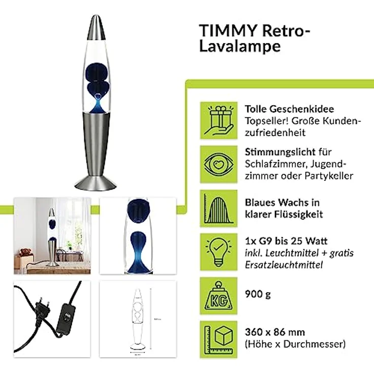 Licht-Erlebnisse Lavalampe TIMMY, Warmweiß, Retro Lampe Blau klein 36 cm hoch Tischleuchte – Bild 10