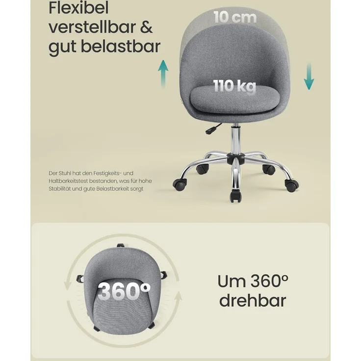 SONGMICS Homeoffice-Stuhl, Schminkstuhl aus Baumwoll-Leinen-Mischgewebe, Schreibtischstuhl, Schaumstoffpolsterung, höhenverstellbar, für Arbeitszimmer, Schlafzimmer, schiefergrau OBG020G05 – Bild 6