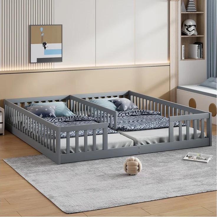 HAUSS SPOLE Polsterbett 90x200cm mit Gitter, Lattenrost, ohne Matratze, für 2 Kindern, Grau (Polsterbett,für Kinder Mit Geländer & Lattenrost Ideal für Familien mit 2 Kindern, 90 x 200 cm), ohne Matratze – Bild 2