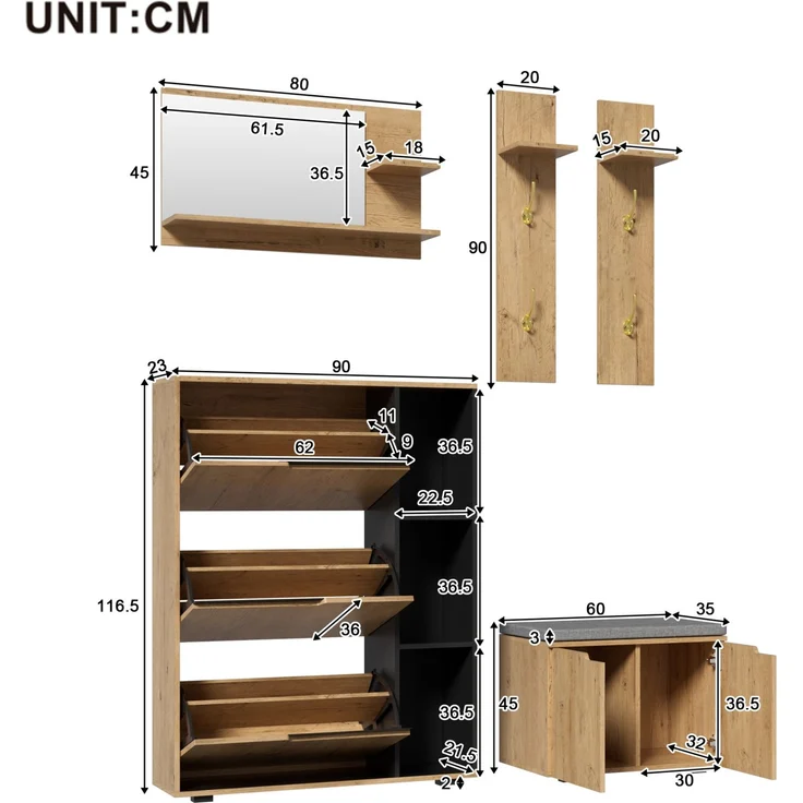 Garderoben-Set 150 x 35 x 161,5 cm mit Spiegel, Schuhschrank und gepolsterter Schuhbank – Bild 4