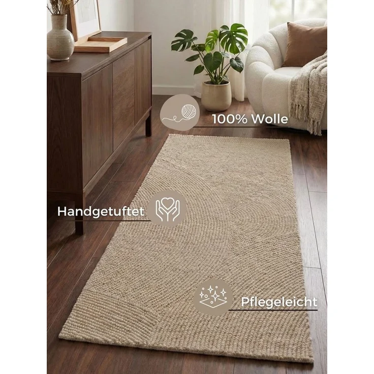 HANSE Home Wollteppich Calmio, auch als Läufer und in rund, rechteckig, Höhe: 18 mm, Handgetuftet, Wolle, Natur, Wohnzimmer, Schlafzimmer, Skandi, Hygge – Bild 3