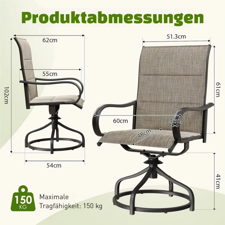TLGREEN Gartenstuhl hochlehner 2er Set,360° drehbar, Drehstühle Wetterfeste, (Gesteppte Rückenlehne & Sitzfläche, bis 150 kg belastbar, 2 St), Für Terrasse Garten Balkon – Bild 2