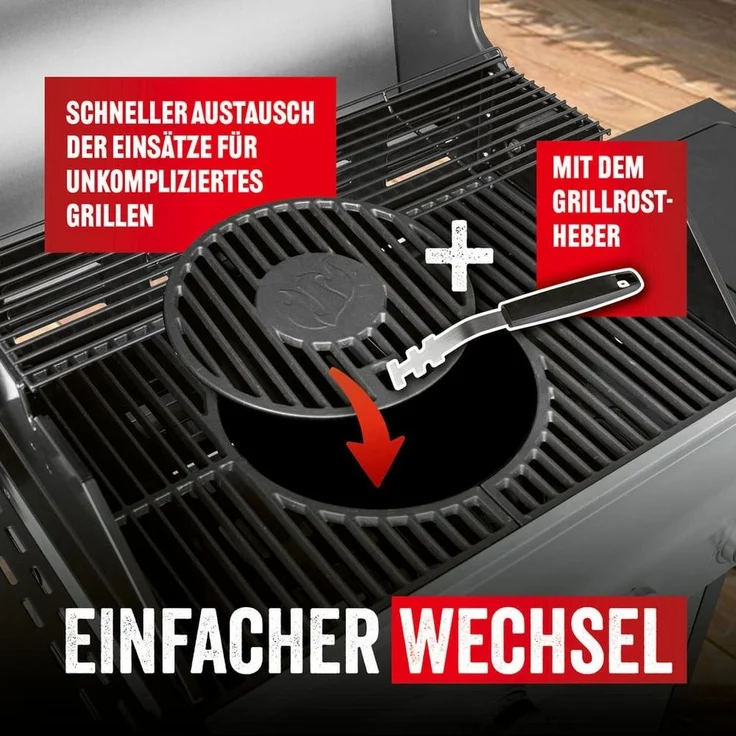 LANDMANN Modulus Grillrostsystem | Geeignet für Triton 2.1 | Mit modularem Basiseinsatz Ø30,5 cm für Grillplatte, WOK, Pizzastein, Grillspieße | Schwarz & eckig | Maße 48 x 44 x 2 cm [Gusseisen] – Bild 2