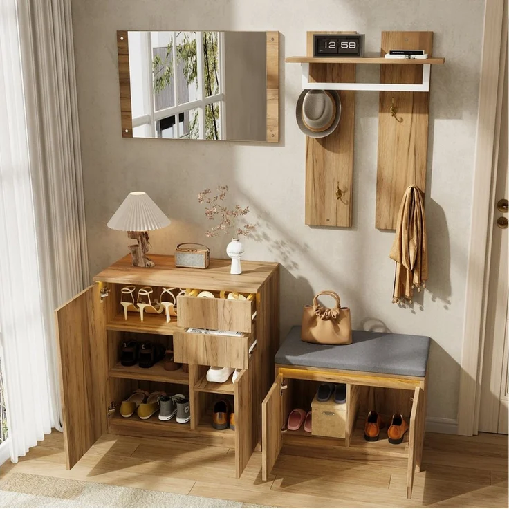 Flieks Garderoben-Set 4-teilig Flurmöbel-Set Kompaktgarderobe mit LED-Beleuchtung, (4-St), Spiegel Kleiderständer Haken Schuhschrank Schuhbank Holzoptik Natur – Bild 2