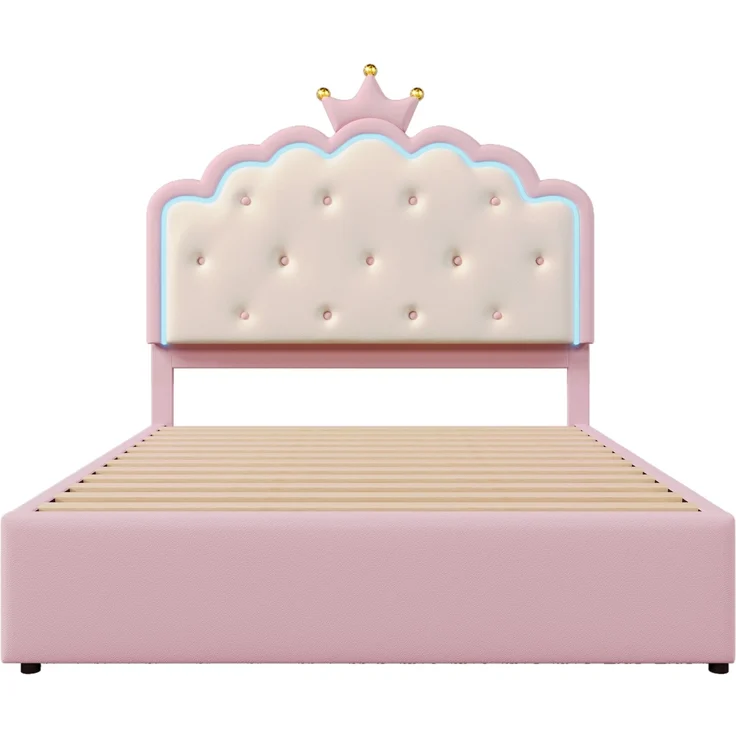 Kinder Prinzessinnenbett Rosa 140x200 cm mit LED Beleuchtung und Ausziehbett Kronenkopfteil Kunstleder Mädchenbett 2 Schubladen – Bild 9