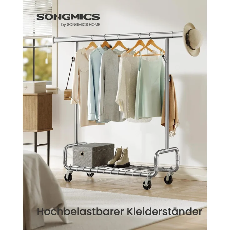 SONGMICS Kleiderständer, Schwerlast-Garderobenständer, auf Rollen, ausziehbare Kleiderstange, verstellbare Höhe, mit Ablage, Haken, silbern HSR014E01 – Bild 2