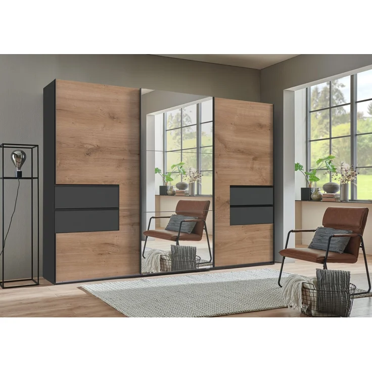 Schwebetürenschrank Kleiderschrank 300 cm Spiegel Schubladen Grafit, Eiche Dekor – Bild 3