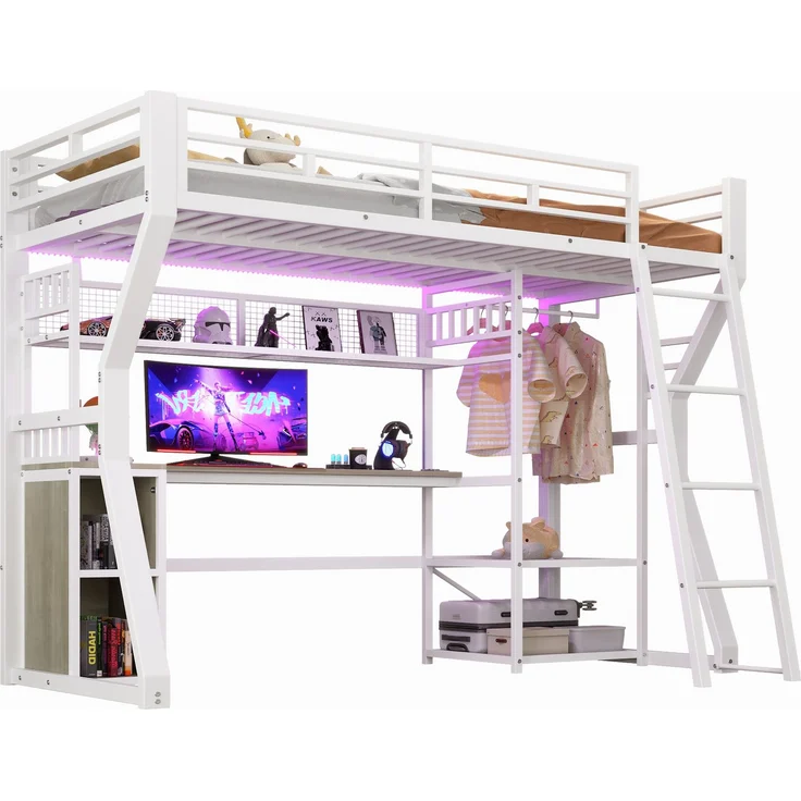 Hochbett 90x200 cm mit Eisenrahmen, LED-Lichtleiste, Steckdose, Kleideraufhängung, Schreibtisch und Staufächern, Weiß – Bild 2