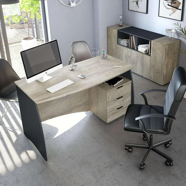 Habitdesign Estil, Bürotisch mit 3 Schubladen, Finish in Anthrazit und Eiche Alaska, Maße: 136 cm (B) x 67 cm (T) x 74 cm (H) – Bild 2