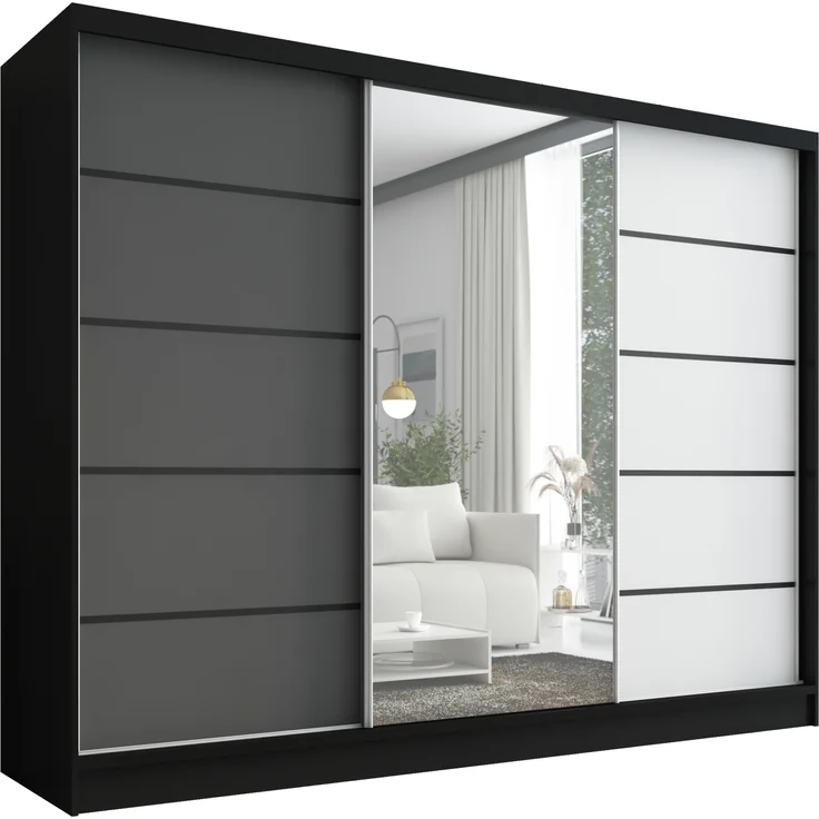 A&J MöbelLand Schwebetürenschrank AURELIA, Schwarz, Graphit, Weiß, Leiste: Schwarz – Bild 1