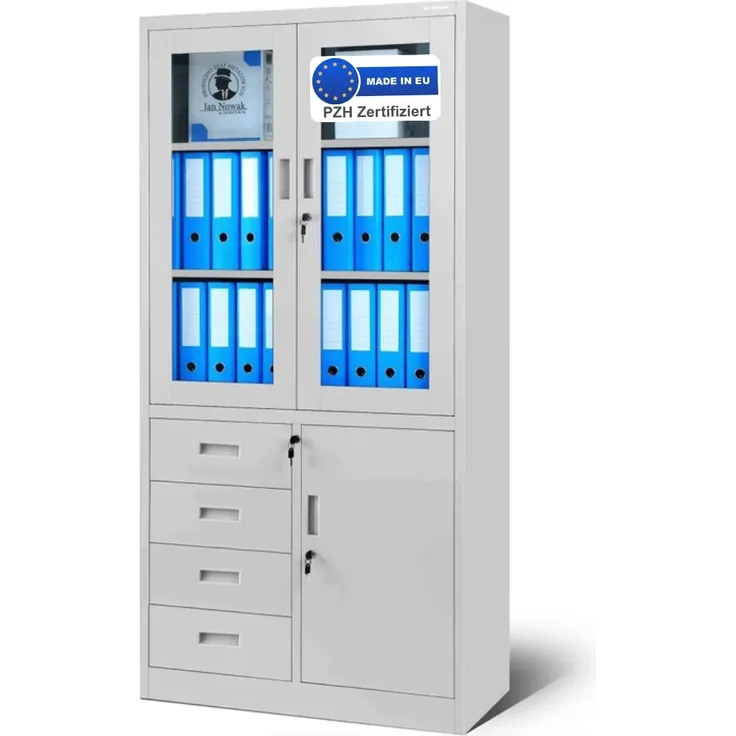 Vitrinenschrank abschließbar PUMME - mit Schubladen| Büroschrank aus Stahl Aktenschrank mit Glasfenster Metallschrank Mehrzweckschrank, 185x90x40cm Grau