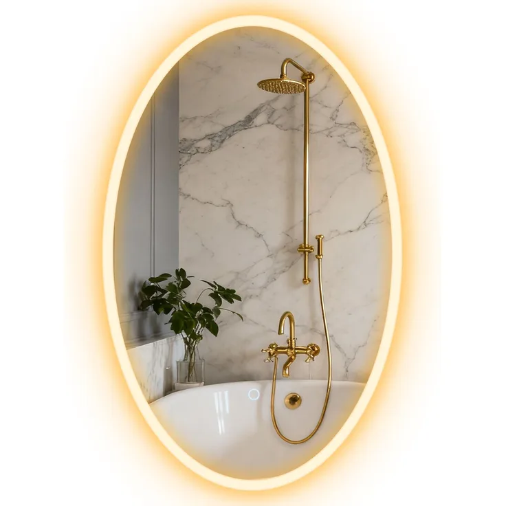 Badezimmerspiegel mit Beleuchtung 80 x 50 cm, ovaler LED-Spiegel, beschlagfrei, 3 Lichtfarben, dimmbar, transparent